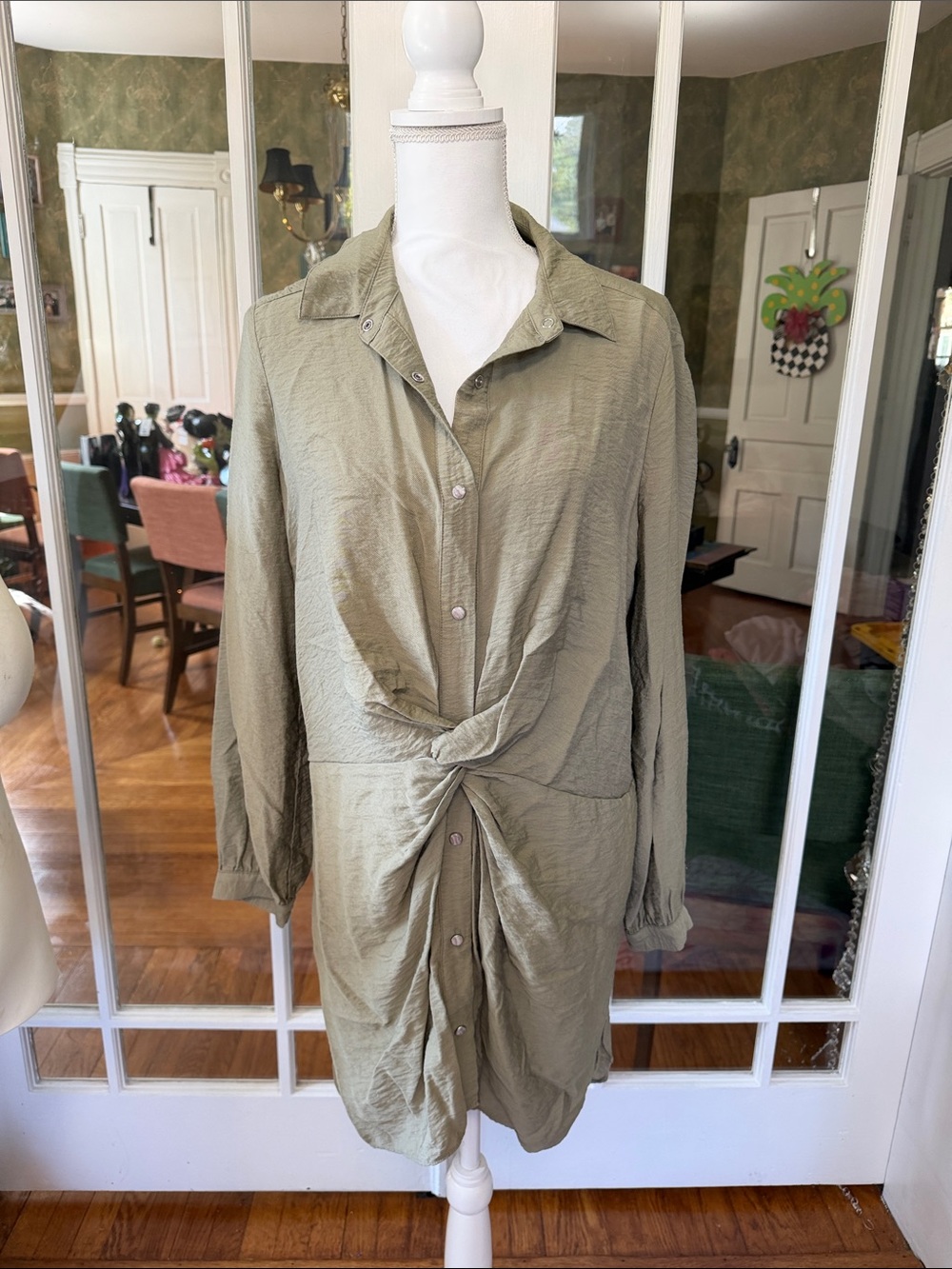 Zara Olive Twist-Front Long Sleeve Shirt Dress